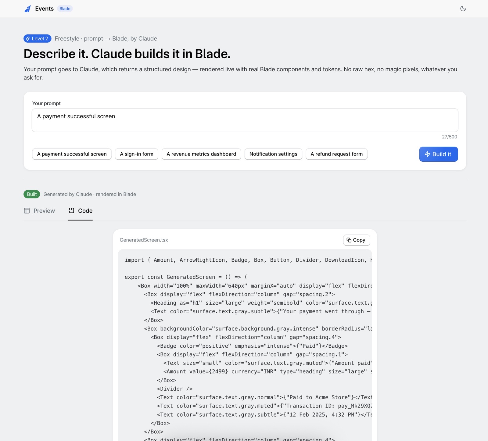 The generated screen as Blade JSX